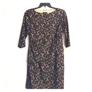 Tahari Tiered Black/Tan 3/4 Sleeve Sheath Dress